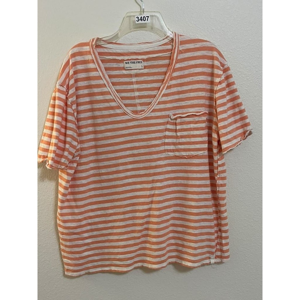 We The Free Free People Orange White Striped V-Neck Pocket T-Shirt Small